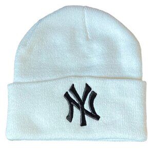 NY White Tossle Cap with Black Lettering, 8" x 8"